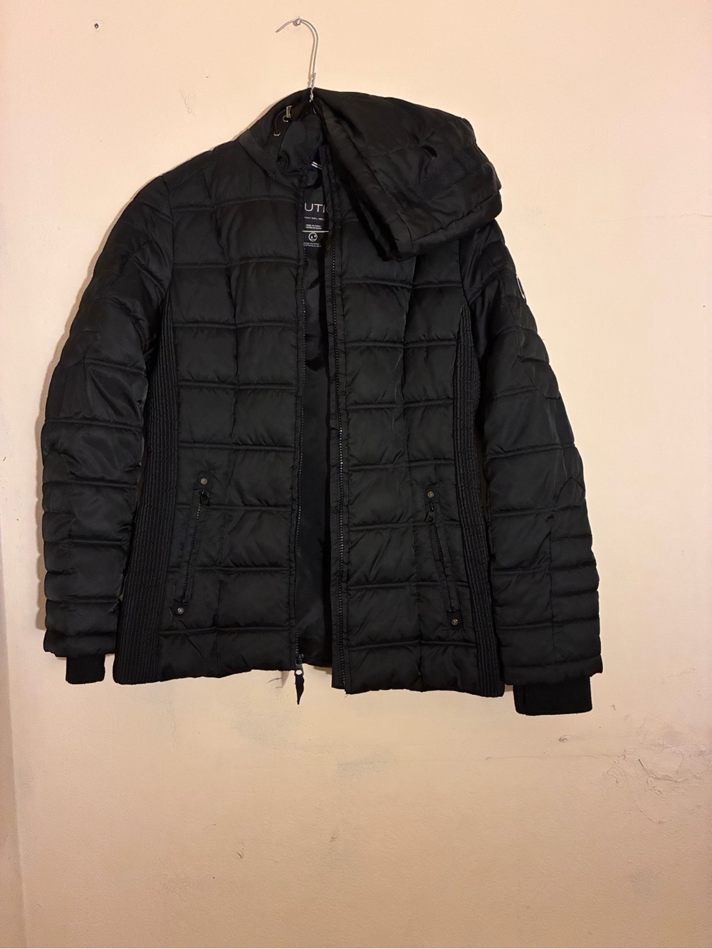 Nautica Black Quilted Hooded Puffer Jacket with Knit Side Panels